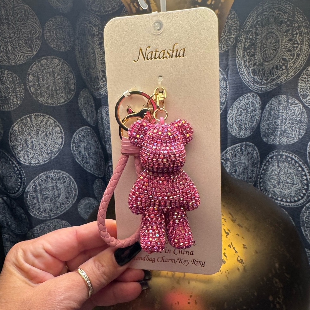 NEW Pink Crystal Teddy Bear Keychain/Bag Charm with Braided Strap 🩷